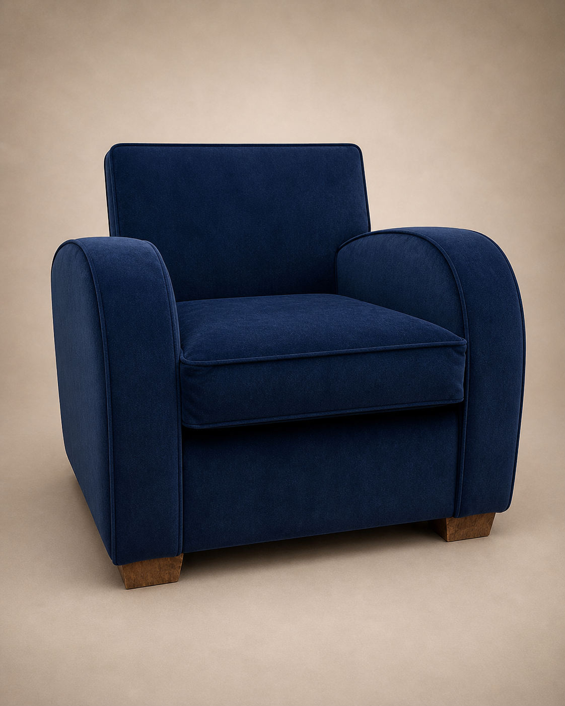 Art Deco club armchair reupholstered in deep navy velvet with curved arms